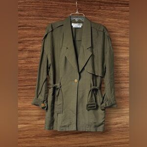 EUC Vintage Eleanor P Brenner Short Olive Green 100% Silk Dress Coat